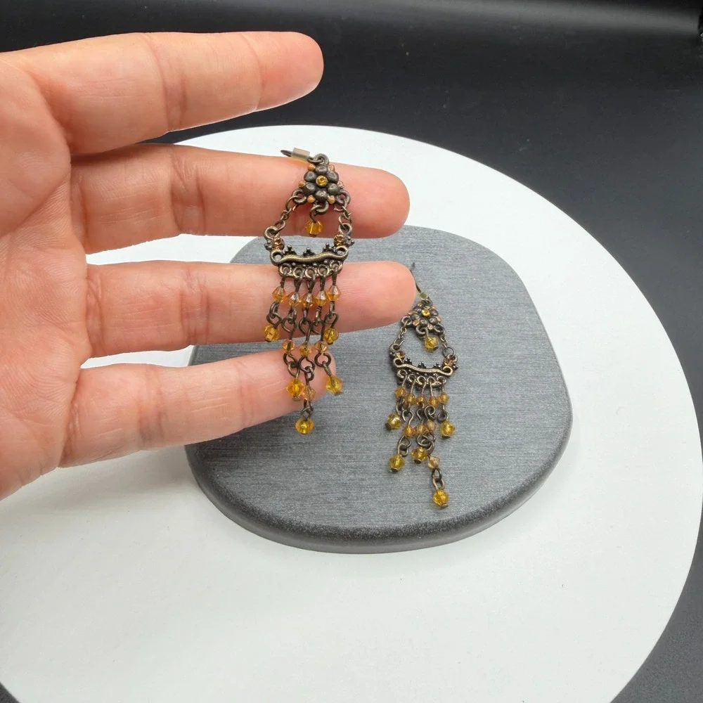 Bronze & Amber Tone Bead Chandelier Earrings Boho Floral Statement Pierced Drop